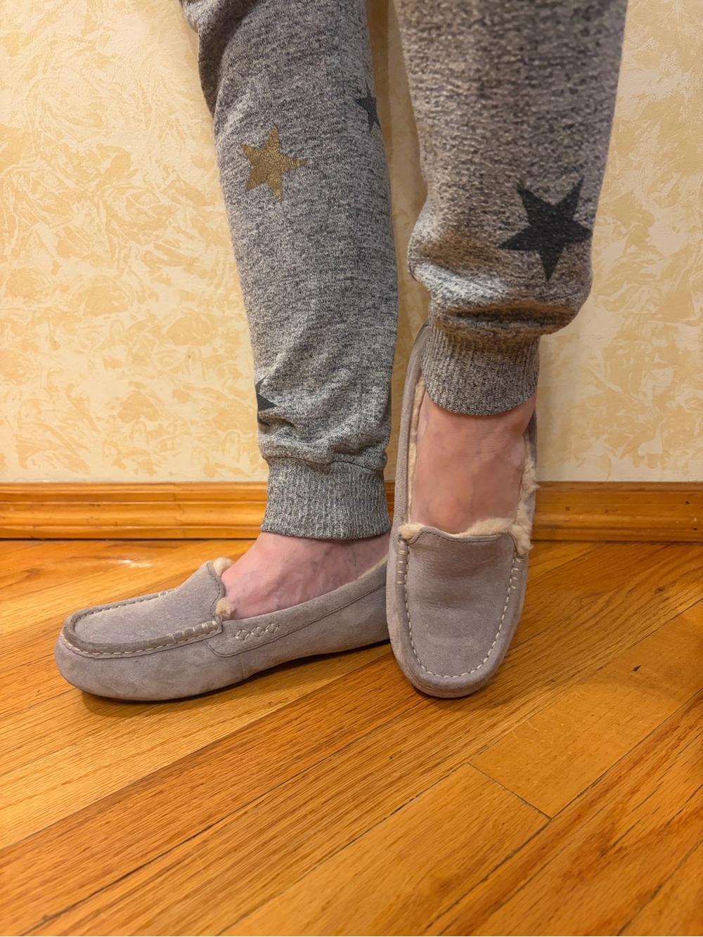 UGG Gray Suede Shearling-Lined Moccasin Slippers